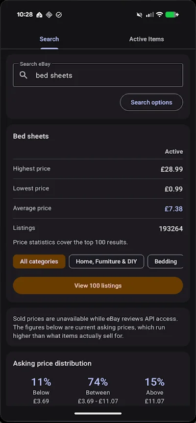 Right Price showing highest, lowest and average eBay prices for bed sheets